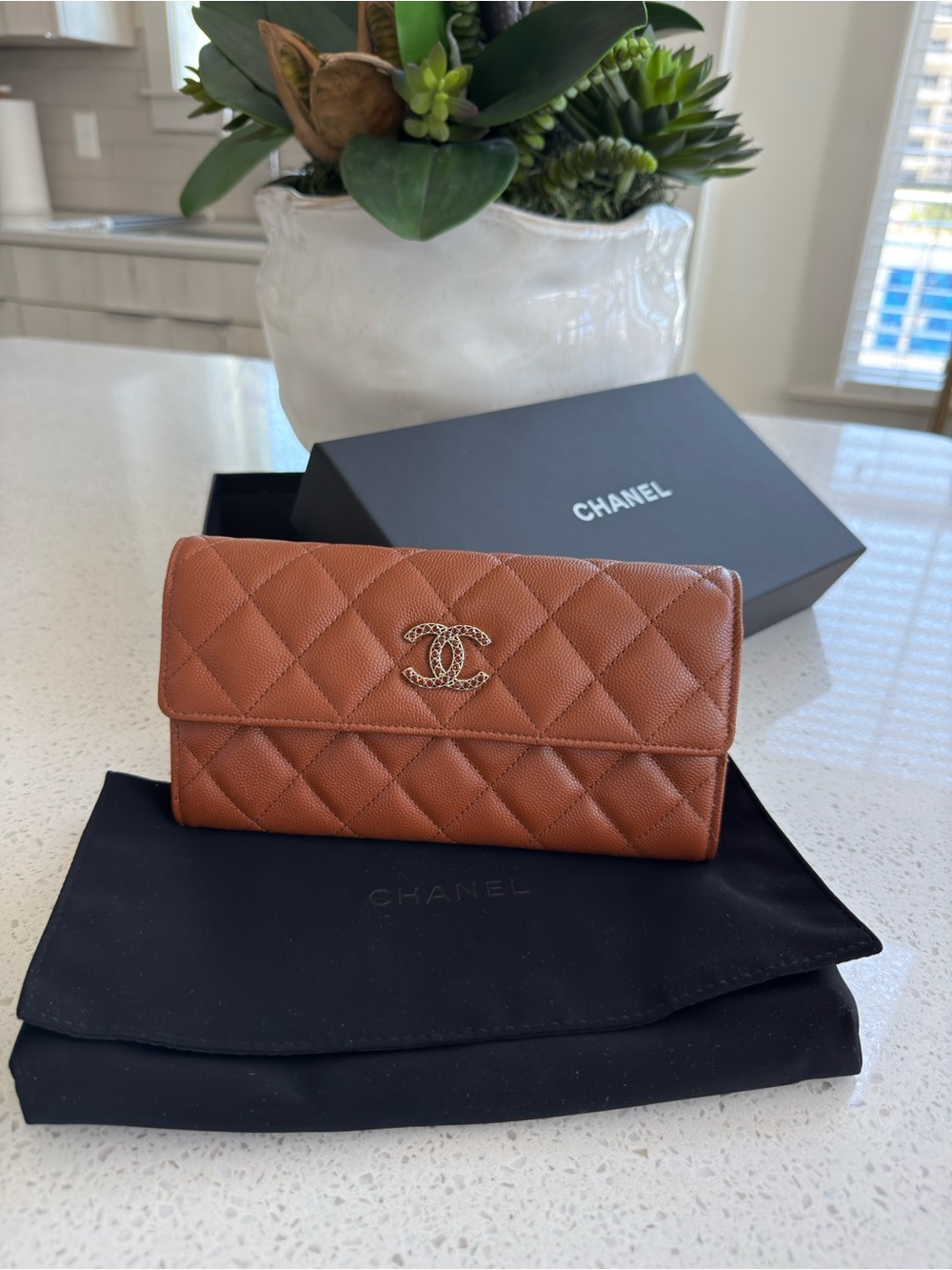 CHANEL Quilted Caviar Leather Wallet in Cognac Brown with Gold CC